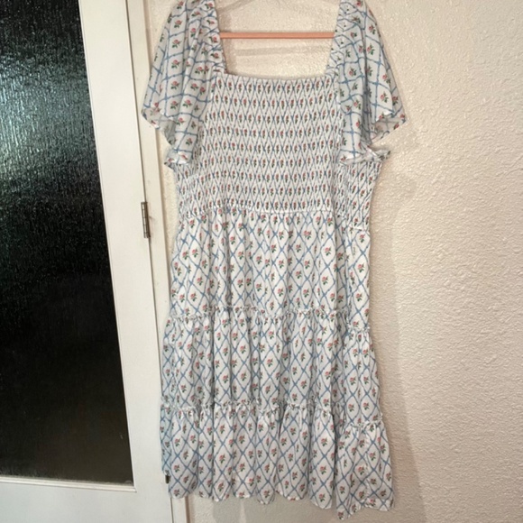 White Smocked Floral Dress – Tiered, Flutter Sleeves - Picture 7 of 9